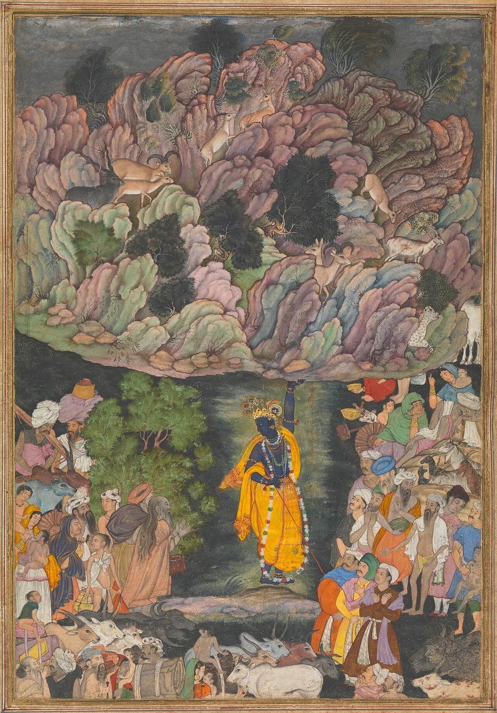 गोवर्धन पर्वत उठाकर ब्रजवासियों की रक्षा करते कृष्ण, मुग़ल लघुचित्र