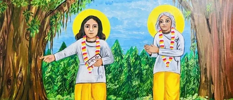 भित्ति चित्र: हाथ में ब्रज भक्ति विलास लिए, किसी स्थल की ओर संकेत करते नारायण भट्ट जी, पास में हाथ जोड़े एक वृद्ध संत