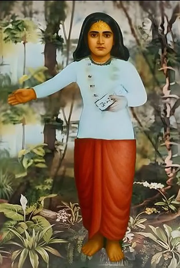 श्रील गोस्वामी नारायण भट्ट जी महाराज का पारंपरिक चित्र: वन में खड़े, हाथ में पोथी, एक हाथ से किसी स्थल की ओर संकेत